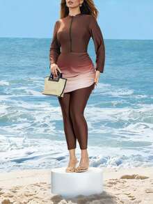 Swim Shayni Traje de baño de una pieza de manga larga y unicolor con falda para mujer de talla grande - Multicolor - Ver 3