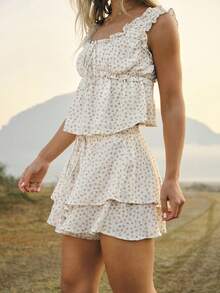 WESTFADE Quần short xếp tầng bèo nhún họa tiết hoa nhí, cạp chun, thích hợp cho mùa đông, phong cách boho, xuân, nghỉ dưỡng, dễ thương, thường ngày, Nashville, cao bồi, trang phục miền Tây cho nữ, đi nghỉ mát. - Màu be - Xem 6