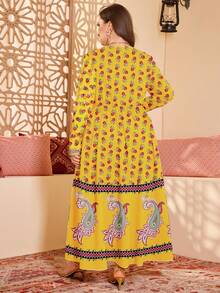 Al Najma Großgrößen Kleid mit Blume Muster und quadratischem Ausschnitt, elegant, Herbst - Gelb - Übersicht 2