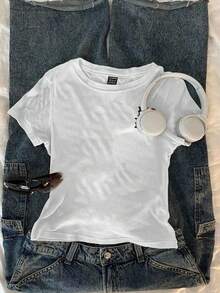 Attitoon Casual Minimalist Faux Rhinestone "I LOVE NY" Letter Graphic Fitted Women's Short Sleeve T-Shirt, Suitable For Summer, Vintage Retro Style, Casual Vacation Style, Sexy Style, Cute, Y2K Coconut Girl, Boho, Spring Break, Brunch-Ready, Baby Blue, Girls Trip, Neon Beach Vibes, Bohemian, Hippie Style, Music Festival, Suitable For Summer Carnival - White - View 5