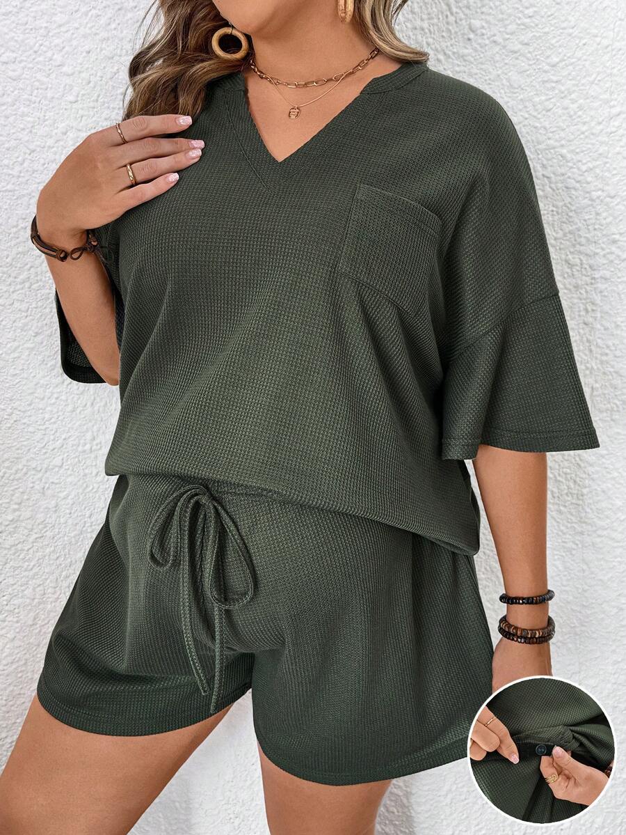 SHEIN Plus Size Pregnant WomenSummer Outfit Women Maternity Plus Size Solid V-Neck Short Sleeve Top And Adjustable Waist Shorts Casual Outfit Short Sets For Women Shorts Set Two Piece Plus Size Short Sets Two Piece Short Set Womens Short Sets,Plus-Size Maternity Set With High Waist, Adjustable Elastic For Comfort And No Constriction, Military Green Casual Two-Piece Set. - Army Green - View 1