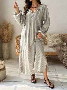 Vivie Lora 女士竖条纹宽松中长衬衫裙 - 杏色 - 查看 5