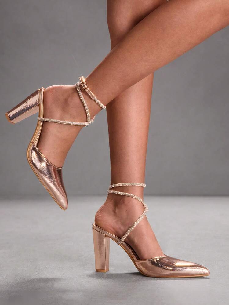 CUCCOO SZL Women's Champagne Elegant Pointed Toe High Heel Pumps, Rhinestone Pyramid Heel Sexy Ankle Strap High Heels, Alluring Party Sexy Ankle Strap Chunky Heels, Suitable For Office, Outdoor, Wedding, Banquet, Party, Spring, Easter Spring Shoes