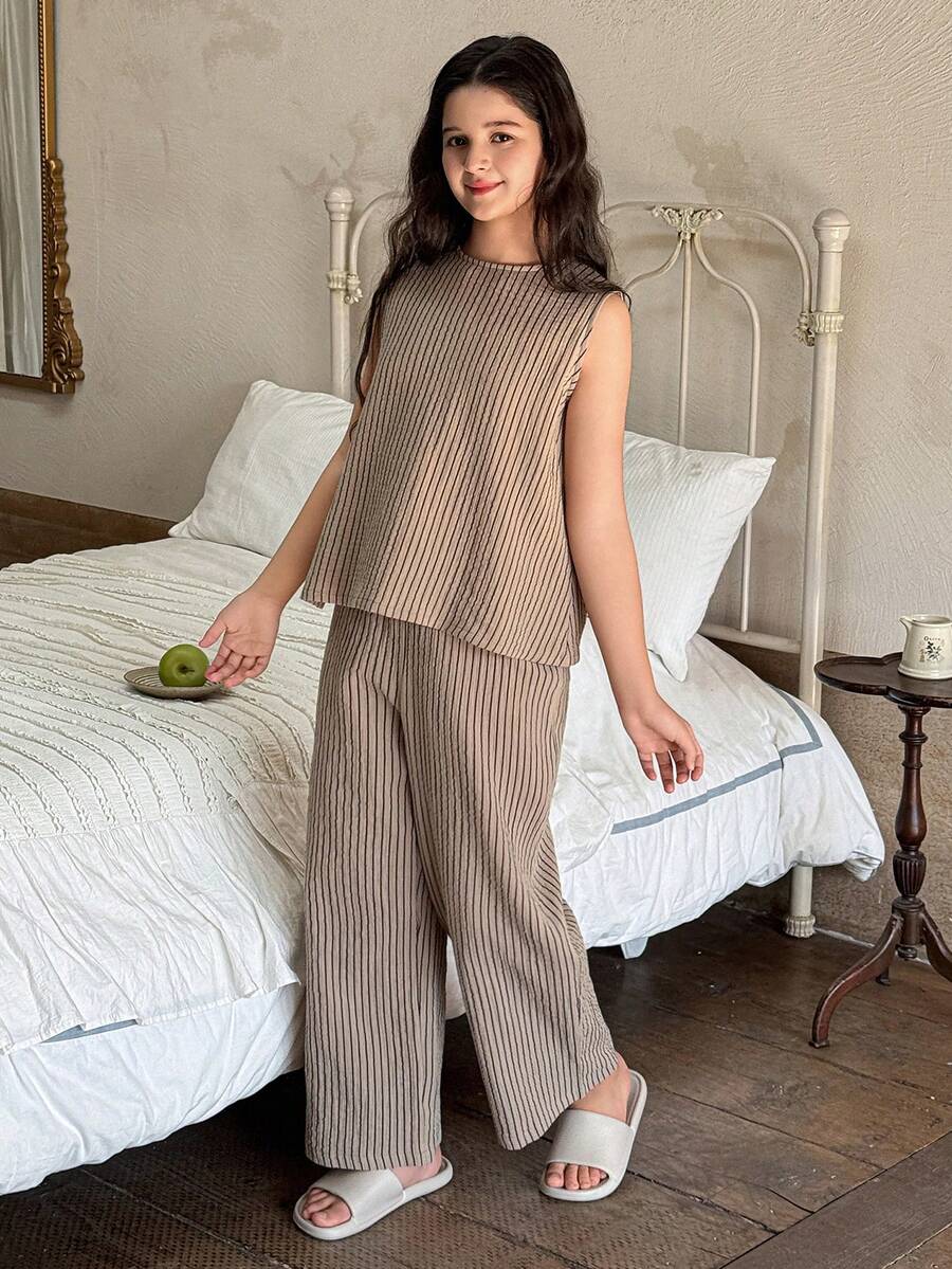 Dazy Kids Tween Girl Ribbed Knit Crew Neck Tank Top And Pants Casual Loungewear Set - Khaki - View 1