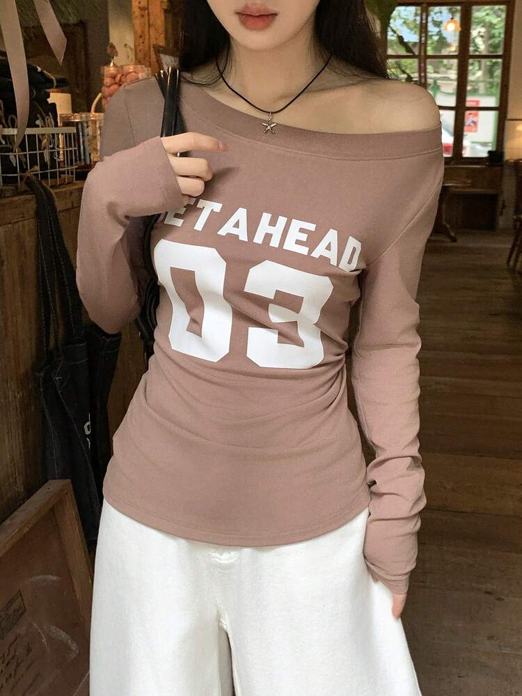 Women's Casual Crew Neck Long Sleeve English Letter Print T-Shirt, Korean Style