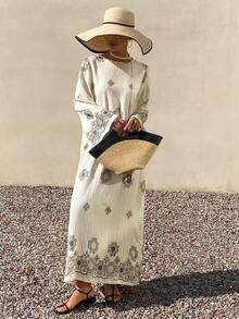 Livesso 春夏印花休闲度假沙滩雪纺中长连衣裙，直筒下摆，喇叭袖，系带腰身，适合复活节等场合穿着。 - 米色 - 查看 3