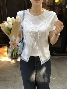 DAZY 女士二合一蕾丝拼接圆领短袖T恤 - 白色 - 查看 7