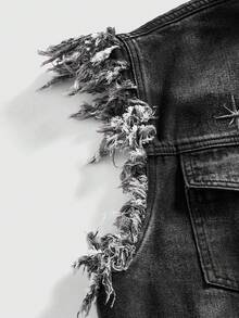 ROMWE MEN Grunge Punk 男士星月刺绣单排扣口袋毛边下摆休闲牛仔背心 - 藍色 - 查看 11