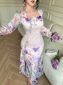 DAZY Đầm midi dáng đuôi cá tay phồng cổ vuông in hoa thanh lịch dành cho nữ, thích hợp làm đầm dự tiệc cưới mùa xuân/hè hoặc đầm mùa hè lễ Phục sinh. - Màu tím - Xem 10