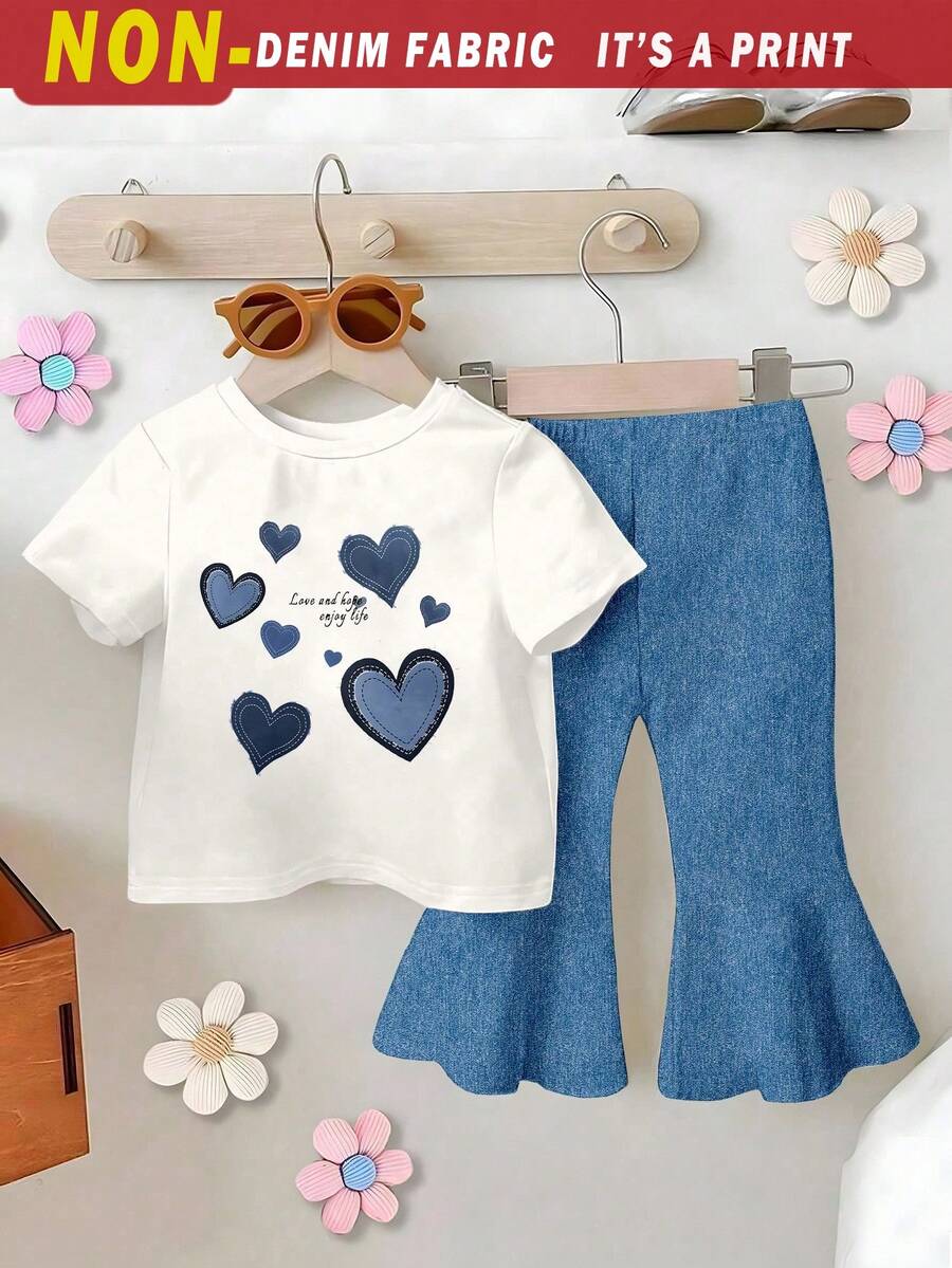 SHEIN Playful Pals 2 件套女婴喇叭裤套装,春秋季,仿牛仔布和心形印花,可爱休闲装,适合户外穿着 - 彩色 - 查看 1