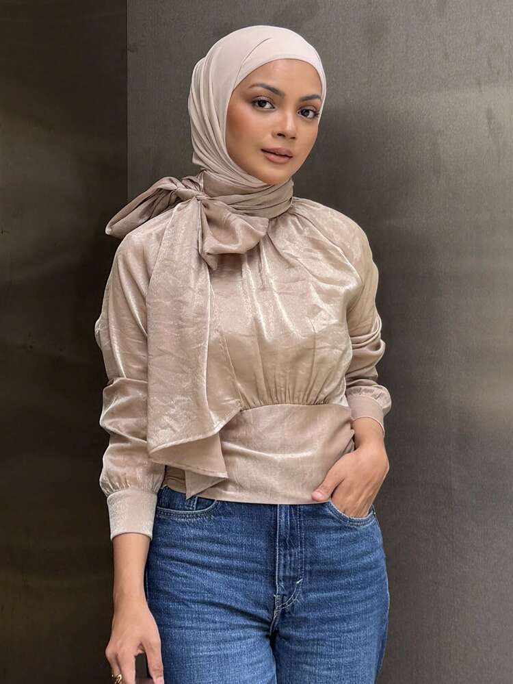 Satin Ribbon Collar Short Blouse, Elegant For Casual, Beach, Wedding, Commute, Spring/Summer Long Sleeve