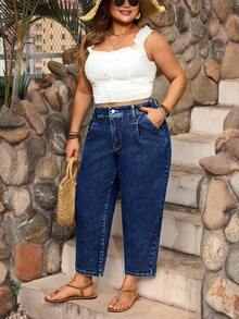SHEIN CURVE+ Quần jean denim không co giãn, kiểu dáng thường ngày, dành cho nữ cỡ lớn. - Rửa tối - Xem 7