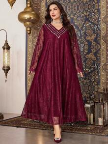 Al Najma Plus Size Women Lace Fabric Beaded Collar Elegant Dress, Spring/Summer - Burgundy - View 7