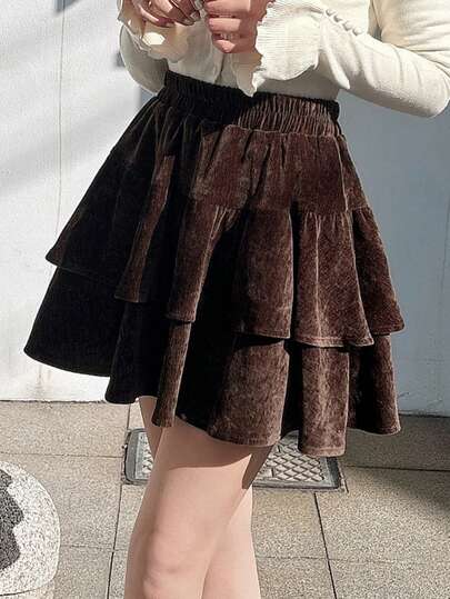 FRIFUL Women's Velvet Elastic Waist Mini Cake Skirt