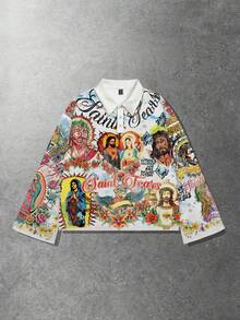 ROMWE MEN Street Life Chemise polo à manches longues imprimée avec rayures, style décontracté universitaire pour hommes - Multicolore - Voir 3