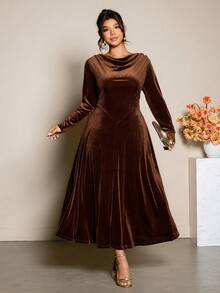 Cravure Vestido de manga larga con cuello drapeado de terciopelo, estilo vintage francés, talla grande - Granate - Ver 4