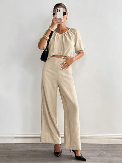 Siren Gaze Dam Nytt set med midjeknytning och rygglös blus, elegant 2-delat set, linneblus med midjeknytning, avslappnad kostym, lämplig för lärardagen, resor, flygplats, minimalistisk 2-delad, bekväm 2-delad