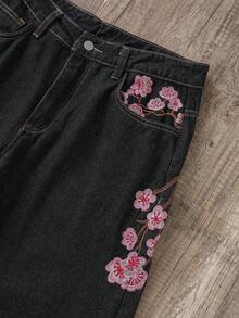 Manfinity Joysei Men's Street Fashion Casual Plaid Embroidered Floral Design Straight Leg Wide Leg Jeans Baggy Jeans With Design - Black - View 3