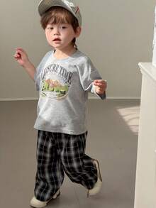 2pcs/Set Baby Boys' Round Neck Printed Casual T-Shirt And Plaid Casual Pants Set Summer - Grey - View 10