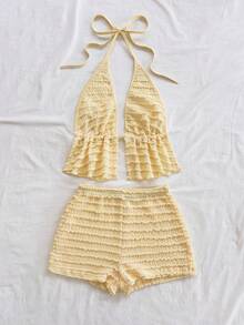 SHEIN WYWH 女士度假休闲纯色露背吊带上衣和短裤两件套 - 淡黃色 - 查看 3