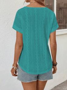 EMERY ROSE Women's Casual Daily Commute Travel Solid Color V-Neck Schiffy T-Shirt, Summer Teal - Teal Blue - View 2