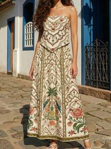 CAJUNI Long A Line Multicolor Boho Skirt With Plants Print - Multicolor - View 3