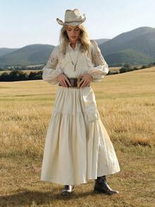 WESTFADE 100% Cotton Tiered Loose Fit Adjustable Strap Cargo Pocket Skirtall Overall Dress - Khaki - View 1