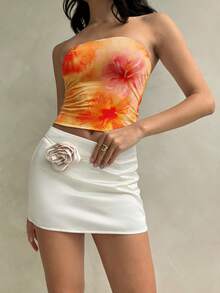 Top bandeau casual con estampado floral hawaiano naranja para mujer Aloruh, adecuado para el verano, la playa, festivales de música, se puede usar como cubreplaya, bikini casual, ropa de baño cómoda o atuendo decorativo de playa