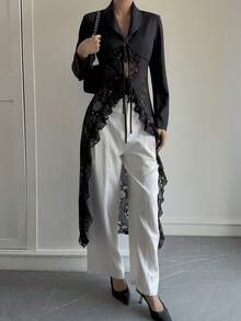 Livesso Black Lace Patchwork Mid-Length Shirt, Hollow Out Blouse, Elegant For Valentine's Day, Wedding, Party, Formal Occasion, Fashion, Commute, Tie-Up Women Blazer Jacket - Black - View 8