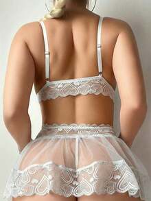 5pcs/Set Women's Sexy Lingerie Set (Wireless Bra, G-String, Mini Skirt, 2pcs Fishnet Stockings) - White - View 2