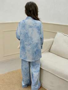 DAZY Conjunto de camisa de manga larga con botones y pantalones con estampado completo para niña preadolescente - Azul - Ver 2