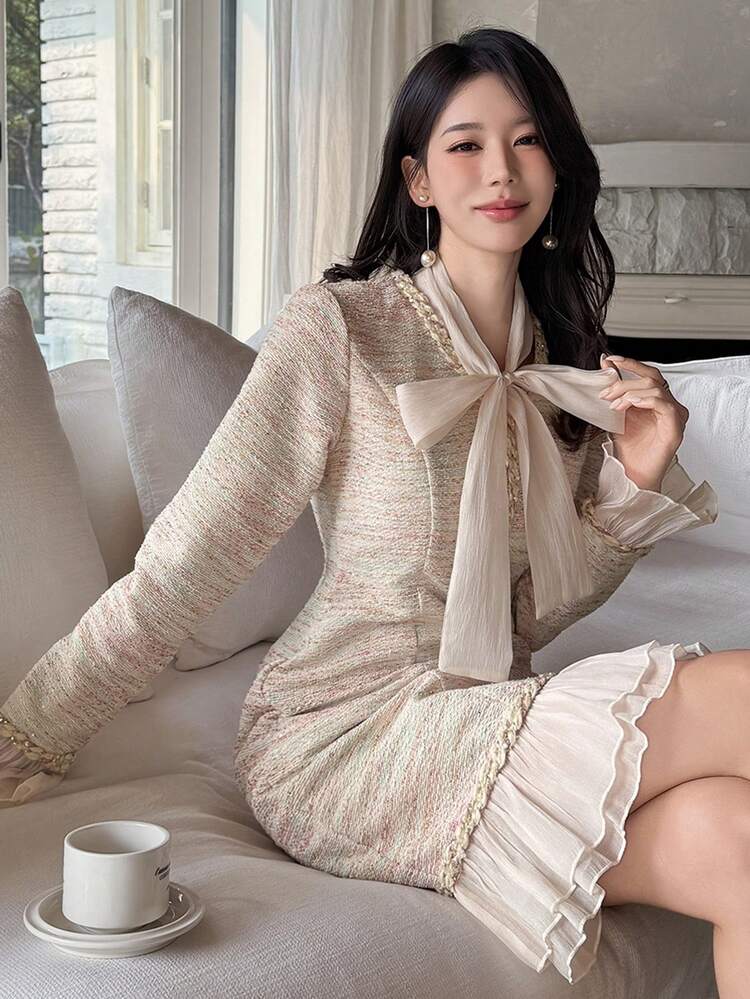 Elegant Ruffle Trim Tie Waist Women's Mini Dress, Spring Wedding Guest Dress Sundress