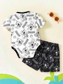 SCOOBY-DOO X SHEIN 2 pièces Ensemble tenue d'été bébé garçon, barboteuse et short imprimé chiot de dessin animé - Noir et Blanc - Voir 2