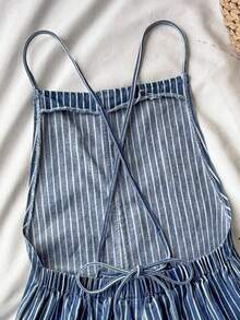 Comfortcana 女士条纹印花休闲牛仔连体裤 女士春季穿搭 女士服装 情人节外出夏季连体裤 春季穿搭 女士沙滩连体裤 女士休闲连体裤 女士度假装扮 女士蓝色连体裤 女士休闲条纹牛仔背带裤 可调节细肩带阔腿连体裤 带口袋 - 中等水洗藍 - 查看 5
