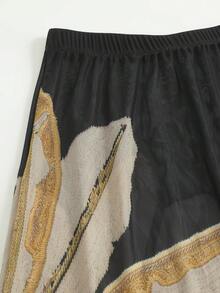Swim Shayni Black Banana Leaf Print Fitted Dress With Elegant Resort Short Sleeve Zipper Splice Women's Burqini Dress Set - Multicolor - View 4