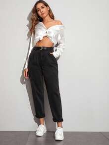 SHEIN PETITE Women's Casual Loose Fit Straight Leg Jeans (Without Belt) - Black - View 4