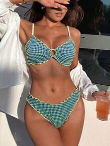 Bonvoyette-D 夏季黄蓝格子提花面料荷叶边圆环装饰女士休闲可爱沙滩比基尼泳装套装 - 彩色 - 查看 5