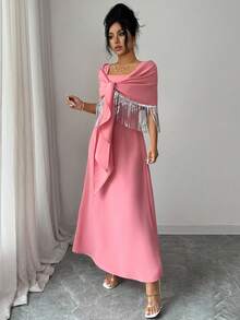 Elenzga Women's Elegant Pink Summer Wedding Ninang Sleeveless A-Line Solid Color Dress,High-End Waist Gathered Gown With Silver Sequin Tassel Decor Shawl - Dusty Pink - View 4