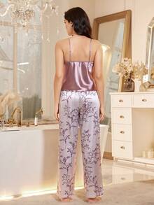LuxeNights Women's Elegant Lace Satin Printed Camisole And Pants Sleepwear Set - Purple - View 3