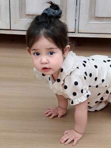 DAZY 女婴波点领刺绣上衣和裤子两件套，休闲家居服 - 米色 - 查看 6