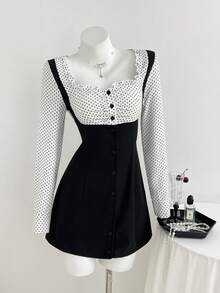 Elamini Women's Summer Dress - Y2K Retro Babe Style, Polka Dot, Waist-Cinching Long Sleeve, Valentine's Day Outfit, Casual Wear - Black and White - View 4