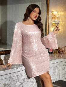 Reflora Plus Size Elegant Sequin Backless Tie Dress, Autumn - Multicolor - View 3