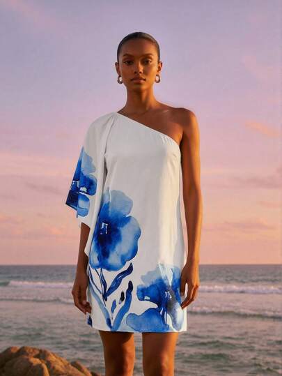 CAJUNI Vestido corto asimétrico blanco, de un solo hombro, con gran estampado floral de acuarela.