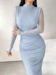 Modelyn Vestido largo de malla de manga larga de unicolor minimalista para uso diario, vestido largo de noche para mujer