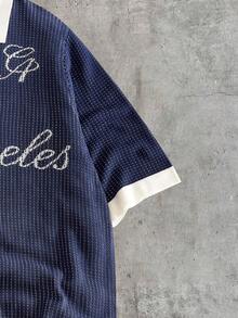 AXEPEAK 男士撞色滚边字母图案休闲短袖毛衣 - 藍色 - 查看 3