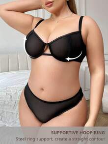 2件套加大码女士纯色舒适无钢圈可调节肩带文胸套装 - 黑色 - 查看 1