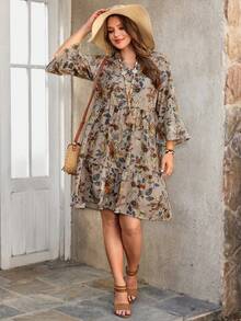 EMERY ROSE Plus Size Floral Print Notched Neck Flare Sleeve Casual Dress,Multicolor,Autumn,Boho,Vacation,Holiday Country Style Women Summer Spring Break Outfits - Multicolor - View 6