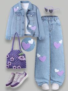 SHEIN ChillGRL Bộ đồ hai mảnh denim cho bé gái tuổi teen, hàng mới về mùa Thu/Đông, denim wash kiểu Âu Mỹ với trang trí đinh tán, áo khoác denim thời trang + quần jeans ống rộng dáng thoải mái, đa năng cho mặc hàng ngày, đi học, đi làm, dự tiệc, Halloween, thiết kế cạp trung thoải mái. - Rửa nhẹ - Xem 1