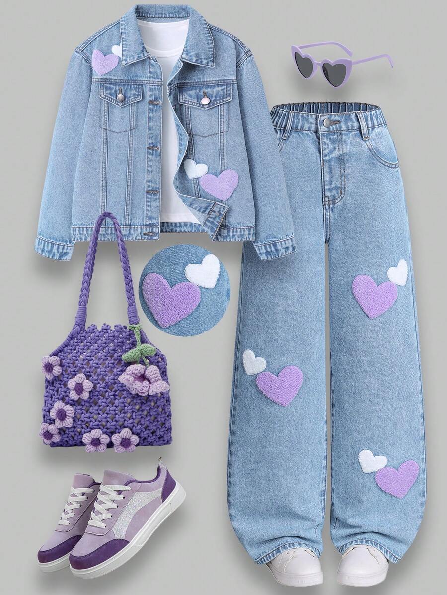 SHEIN ChillGRL Bộ đồ hai mảnh denim cho bé gái tuổi teen, hàng mới về mùa Thu/Đông, denim wash kiểu Âu Mỹ với trang trí đinh tán, áo khoác denim thời trang + quần jeans ống rộng dáng thoải mái, đa năng cho mặc hàng ngày, đi học, đi làm, dự tiệc, Halloween, thiết kế cạp trung thoải mái. - Rửa nhẹ - Xem 1