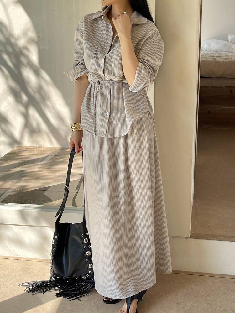 Women's Casual Vacation Tie-Waist Striped Shirt Top And Skirt 2-Piece Set, Spring/Summer